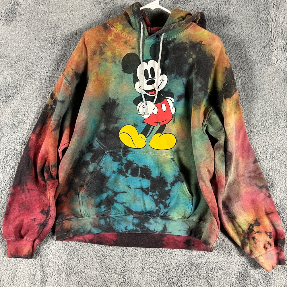 Disney Mickey Mouse Hoodie Mens Medium Multi Tie Dye Fleece Lined Long Sleeve